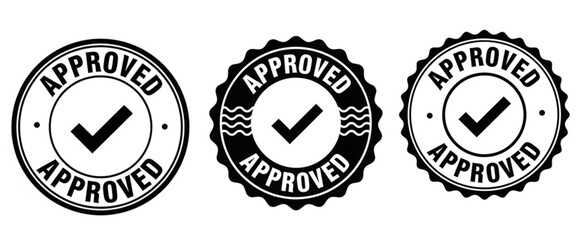 Obraz premium Approved Stamp Vector Icons Set | Black and White Check Mark Badges for Product Validation, Quality Assurance and Compliance