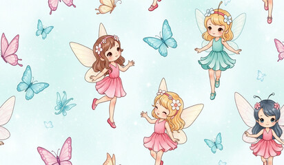 Cute Cartoon Fairies and Butterflies Pattern | Whimsical Design with Pastel Colors for Children's Fashion, Bedding, and Wallpaper