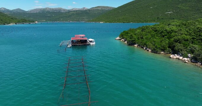 Oyster Farming In The Mali Ston Bay Of Croatia - Drone Shot