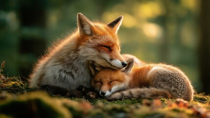 Red fox mother cuddling her baby fox kit in green forest