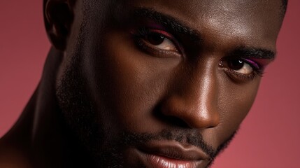 Black man with bold makeup, front-facing, soft lighting, neutral backdrop