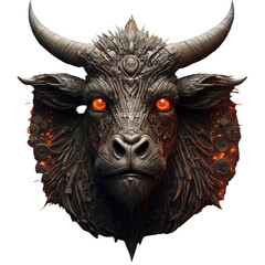 Stylized mechanical bull head sculpture with glowing eyes and intricate details on a white background copy space
