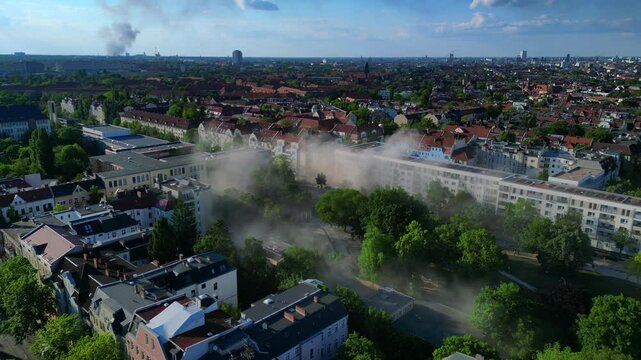 Yellow rescue helicopter landing in a Berlin urban park during a smoky emergency. Nice aerial view flight ascending drone