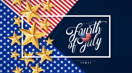 4th of July Independence Day of the USA Vector Illustration with Gold Star and Typography Letter on American Flag Pattern Background. Fourth of July National Celebration Design for Banner, Greeting