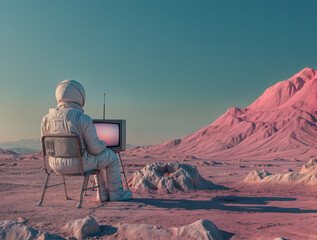 Astronaut in a spacesuit sits on a chair on a alien desert watching a retro pink TV against a turquoise sky. Advertising, marketing, news conceptual background.