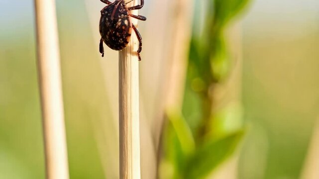 Brown Marmorated Stink Bug climbs plant stem in outdoor setting, highlighting speckled pattern and insect's delicate grip in bright daylight