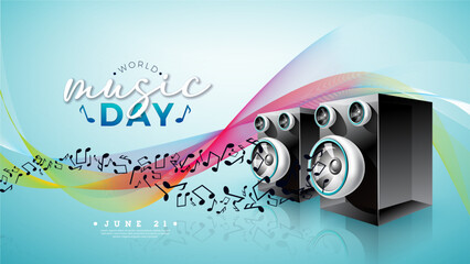 World Music Day Banner Illustration with Loudspeaker, Musical Notes and Typography Letter on Blue Background. Vector International June 21 Festival Design Template for Post Card, Greeting Card