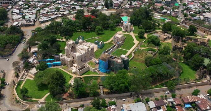 Emperor Fasil&rsquo;s Palace At Fasil Ghebbi Fortress In Gondar, Amhara Region, Ethiopia. - aerial shot