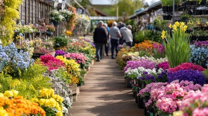 Busy garden center or farmer&acirc;&euro;&trade;s market on Spring Bank Holiday, colorful flowers, local produce, people browsing with smiles, lively spring atmosphere