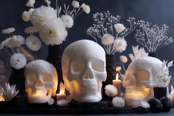 Fototapeta premium Monochrome Day of the Dead altar made entirely of paper delicate handcrafted skulls, origami marigolds, and minimalist offerings styled in pure white against a black backdrop 