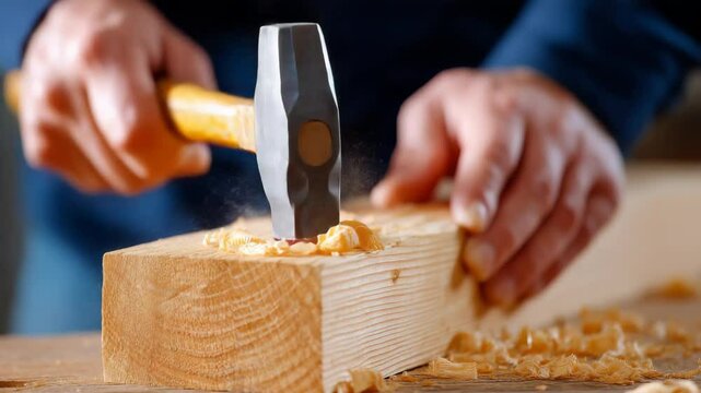 Craftsman Using Chisel on Wooden Block with Shavings on Workbench in a Workshop