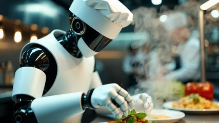 In a bustling kitchen, a robot chef diligently places fresh herbs on a plate of pasta. Steam rises in the background as chefs work alongside showcasing advanced culinary technology.