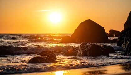 Golden sunset over a rocky beach