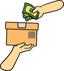 Hand giving cash for a package box illustration