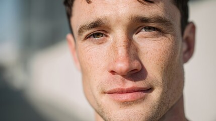 Caucasian man in his 30s with short hair, clear skin, neutral expression, bright daylight