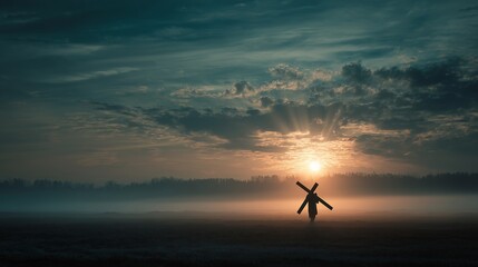 Fototapeta premium Mystical sunrise illuminates serene landscape with silhouette of Jesus holding cross, symbolizing hope and renewal