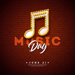 World Music Day Banner Illustration with Light Bulb Signboard Musical Notes and Typography Letter on Vintage Brick Wall Background. Vector International June 21 Festival Design Template for Post Card
