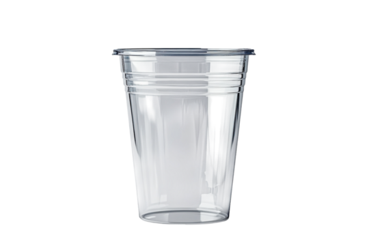A clear disposable cup stands against the void filled with liquid ready to quench thirst in isolated on transparent background. Generative Ai.