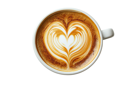 Heartfelt coffee art a creamy latte love poured into a white cup warm morning delight on stark black isolated on transparent background. Generative Ai.