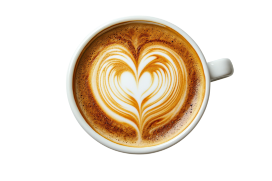 Heartfelt coffee art a creamy latte love poured into a white cup warm morning delight on stark black isolated on transparent background. Generative Ai.