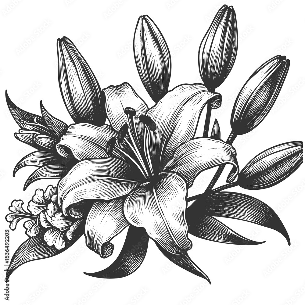 Poster lily flower sketch engraving generative ai fictional character raster illustration. scratch board im