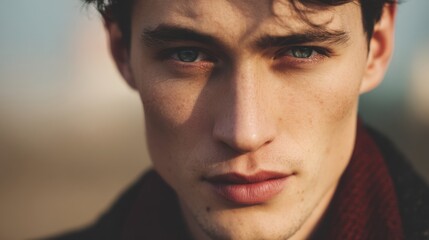 Obraz premium Caucasian man with high cheekbones, soft makeup, outdoor natural light