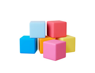 Obraz premium Plastic cubes 3d composition. Isolated colorful cube different rotation. Metaphor of teamwork, support. Children simple development toys, vector elements