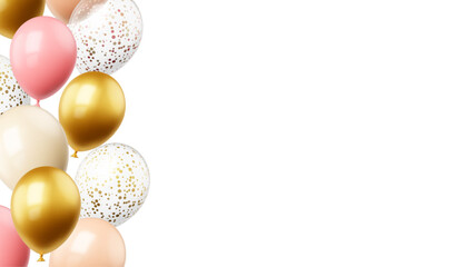 Realistic balloons background with empty white space. Pink gold transparent balloon with glitters isolated. Birthday, wedding, anniversary vector banner