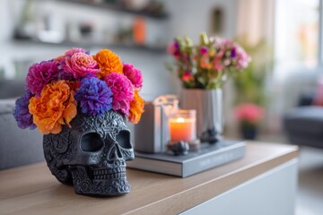 Modern home interior with minimalist Day of the Dead altar arrangement.