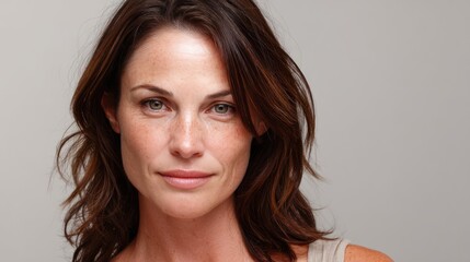 Fototapeta premium Caucasian woman in her 40s, shoulder-length hair, strong gaze, clean studio setting