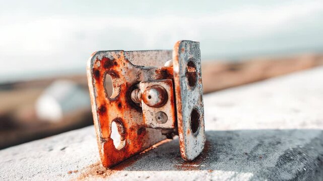 Rusted metal hinge on concrete