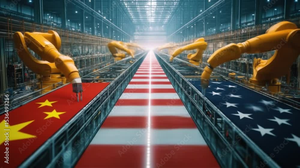 Poster robotic arms working in automated factory production line