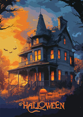 a shirt design of haunted house with witch on broomsti