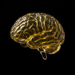 A transparent glass human brain model filled with golden liquid, suspended against a dark background, representing thought or intelligence.