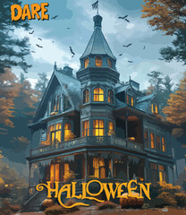 a shirt design of haunted house