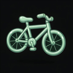 A stylized, translucent mint green bicycle with a cartoonish design is set against a dark background.