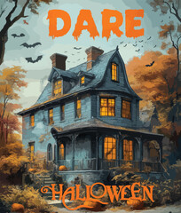 a shirt design of haunted house