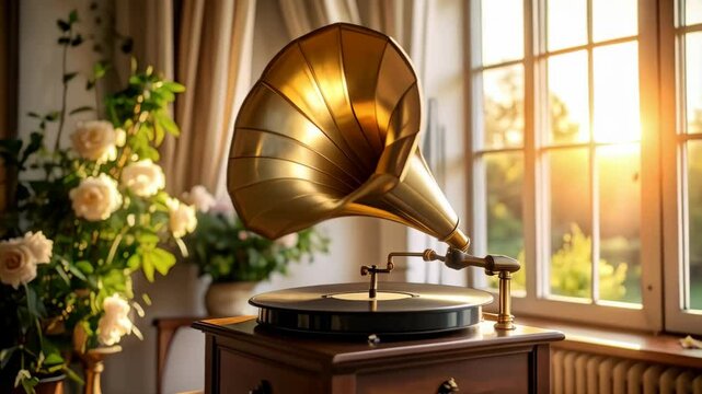 Antique golden phonograph sitting on wooden table bathed in warm light near a window