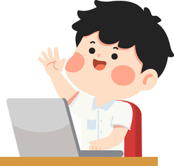 Cartoon Boy Waving at Laptop Computer Kid