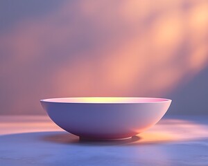 Wide shallow bowl on a soft purple toned surface with warm light background