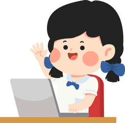 Illustration of Girl Waving at Laptop cartoon