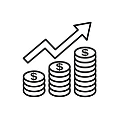 Dollar coins growing  and upward arrow icon bar graph line art vector illustration.