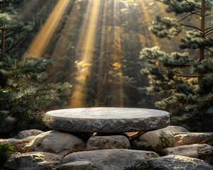 Stone platform in sunlit forest round grey granite slab atop stacked rocks pine trees