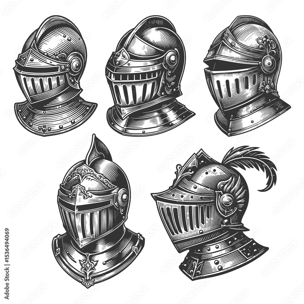 Poster medieval knight helmet set collection bundle sketch engraving generative ai raster illustration. scr