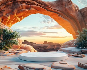 White Circular Platform in Desert Canyon Archway at Sunrise Landscape Rock