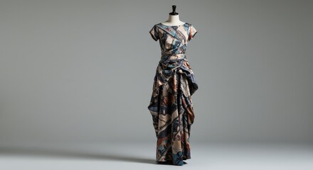 Elegant Evening Gown on Display: An exquisite evening gown draped elegantly on a mannequin, showcasing the intricate details of the design. The image captures the essence of luxury and fashion. 