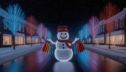 Snowman with shopping bags in a snowy town at night