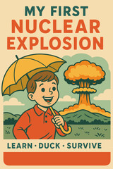 Child holding umbrella in front of nuclear explosion illustration - Concept of International Day for the Abolition of Nuclear Weapons  