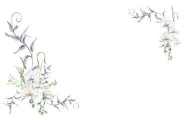 Watercolor floral corner frame with white orchids and delicate greenery isolated on. Hand painted botanical frame with pastel leaves, twigs, and soft foliage for romantic wedding stationery, package.