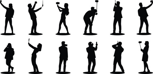 Silhouettes of people taking selfies, using smartphones, vlogging with selfie sticks, capturing moments, modern lifestyle, social media, vector illustration, black figures